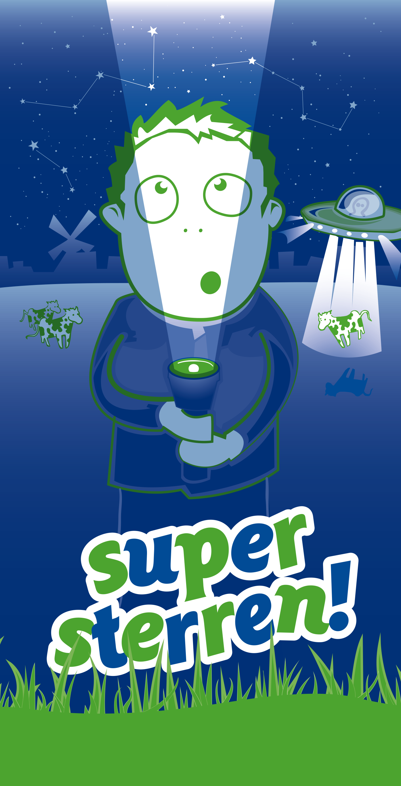 Illustratie voor magazine ‘Kidspas’ nachtelijke sterrenhemel met zaklam en alien ontvoering