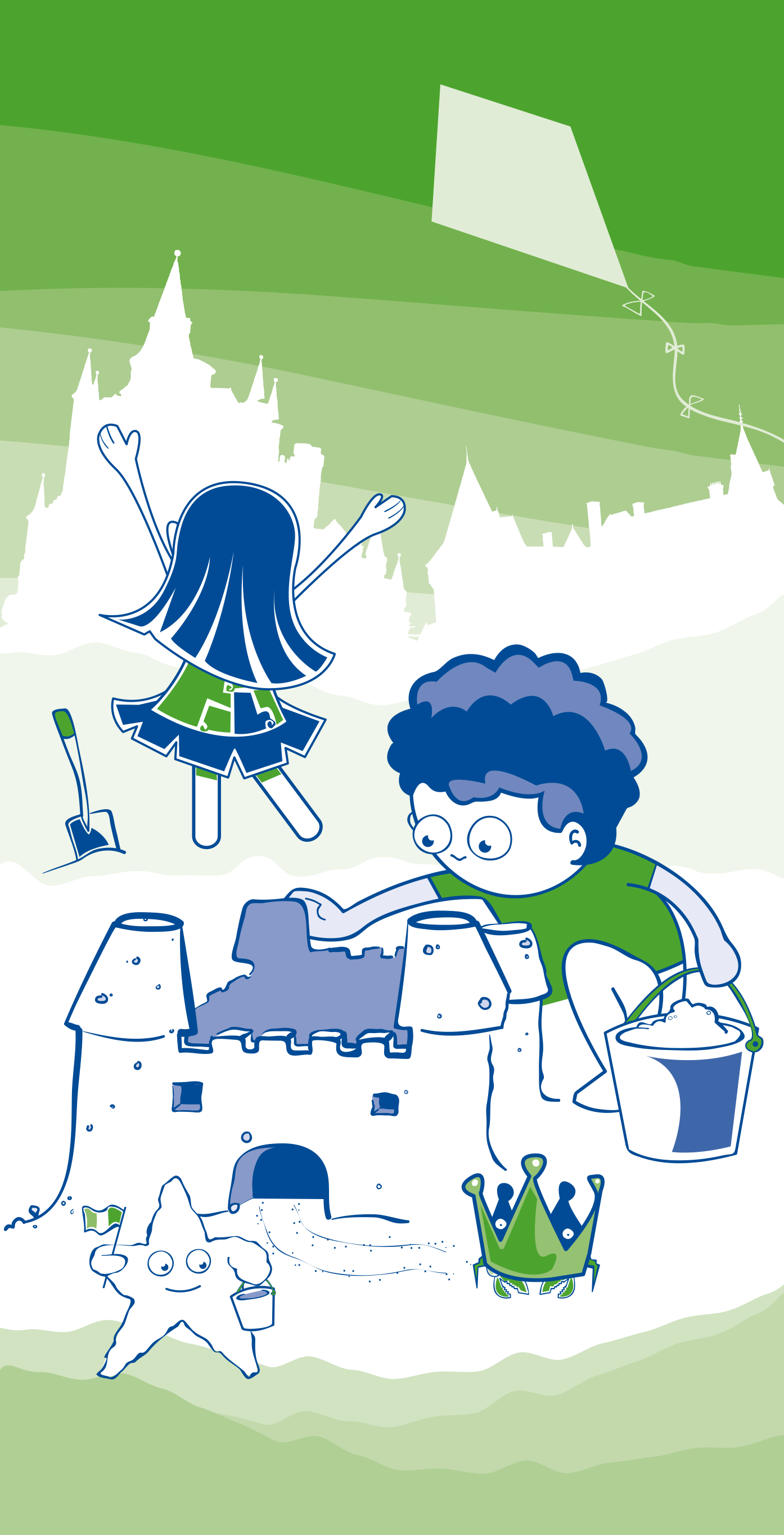 Illustratie voor magazine ‘Kidspas’ meisje bouwt giga zandkasteel terwijl jongen porbeert ook iets te bouwen
