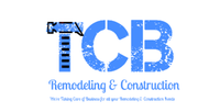 TCB Remodeling & Construction logo in blue with paint-stroke lettering on white background