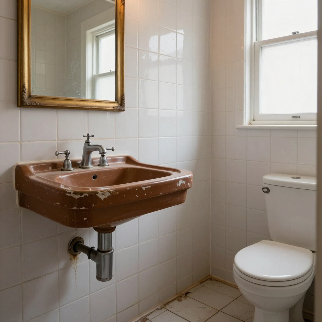 Small white-tiled bathroom with a brown sink, toilet, mirror, and window.