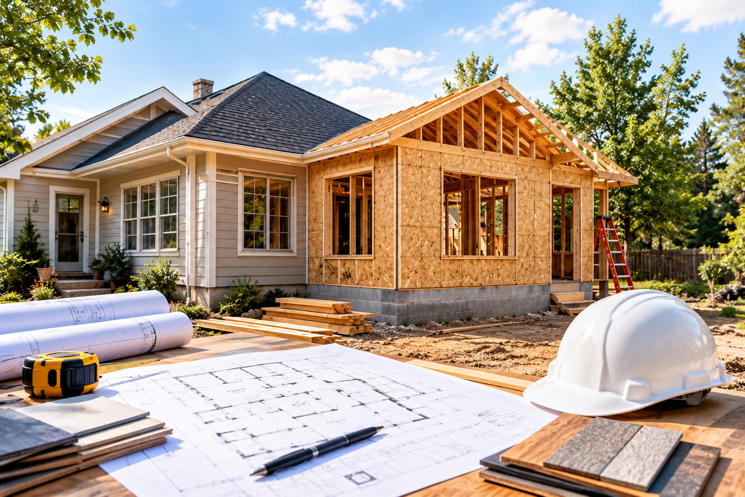 House under construction with blueprint plans and a hard hat in the foreground