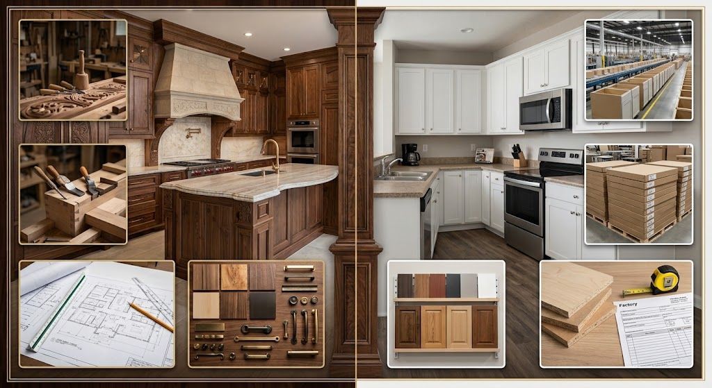Kitchen remodeling collage with cabinets, countertops, flooring, and layout sketches