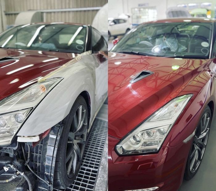 A before and after photo of a red and white car