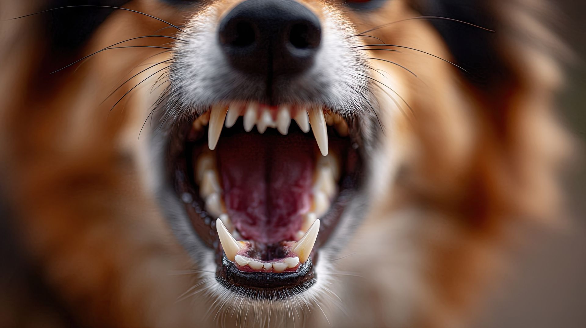 Close-up of a dog snarling, showing teeth. Brown and white fur, mouth open with a pink tongue.