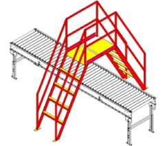 Red-framed stairs and platform over a conveyor belt. Yellow platform and stair treads.