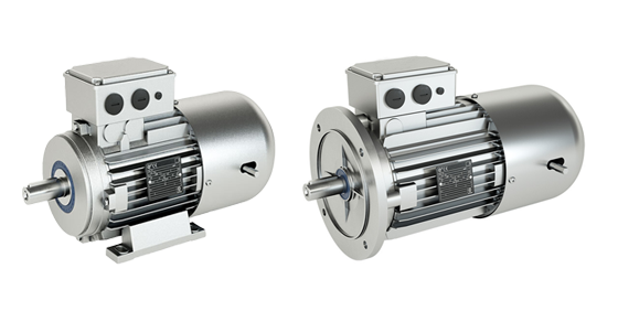 Two industrial electric motors with metallic silver housing and mounting options.