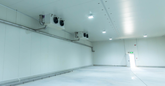 Empty white cold storage room with ceiling-mounted refrigeration units.