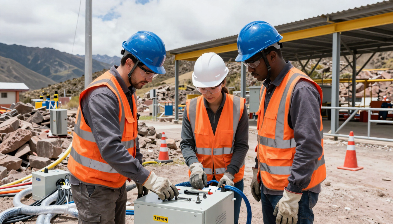 Tres obreros de la construcción, con cascos y chalecos naranjas, examinan un dispositivo en una obra.