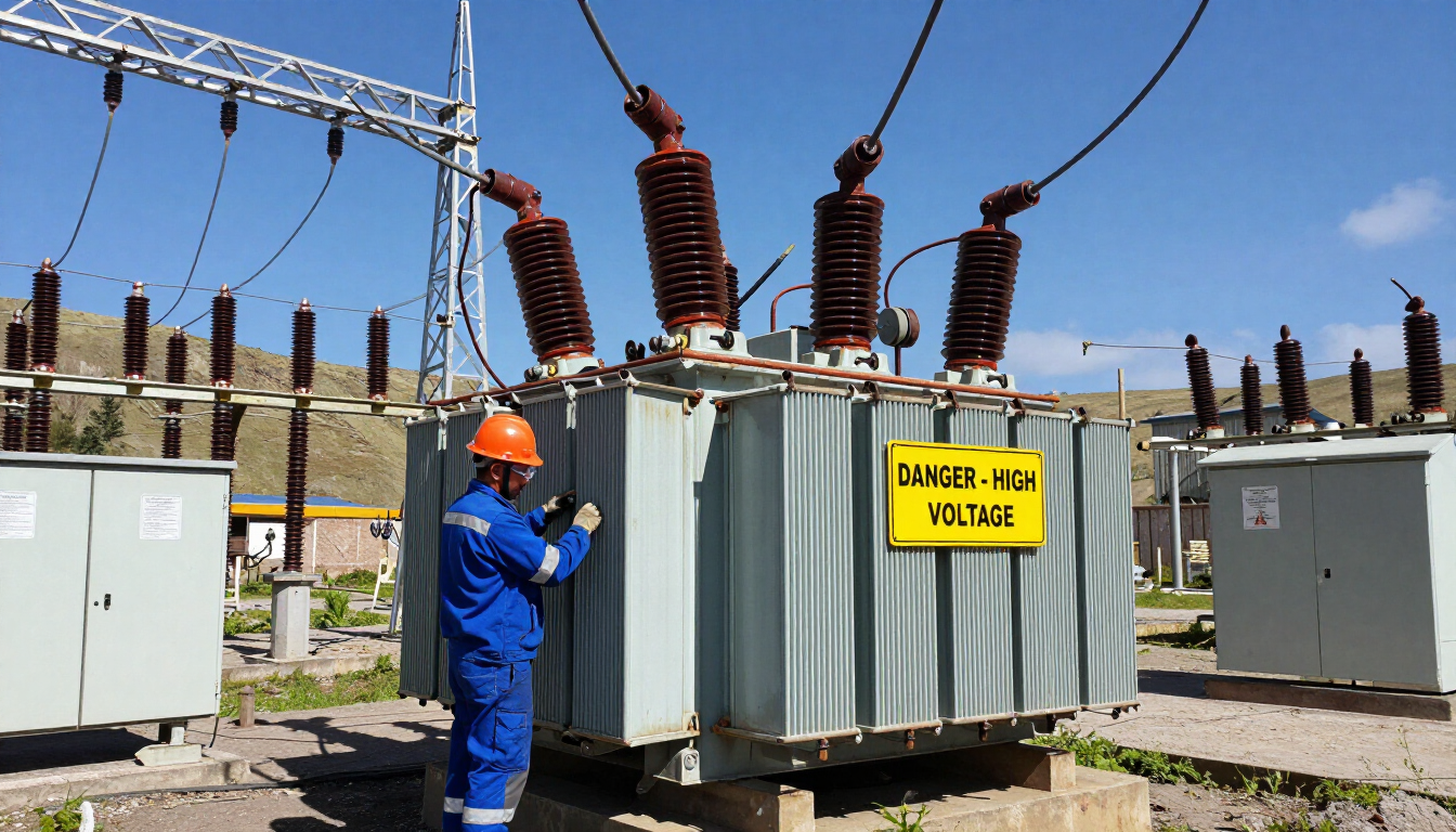 Un trabajador con mono azul inspecciona un gran transformador eléctrico exterior en una subestación.