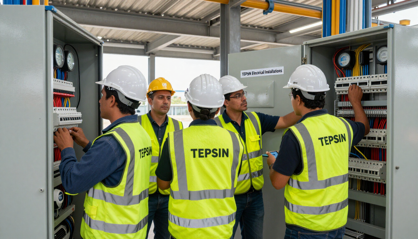 Obreros con cascos inspeccionan paneles de control eléctrico en una instalación industrial.