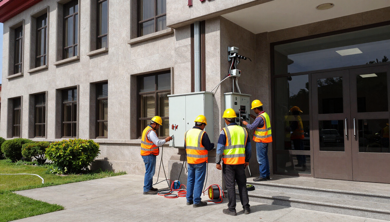 Trabajadores con cascos amarillos y chalecos de seguridad inspeccionan equipos en la entrada de un edificio.