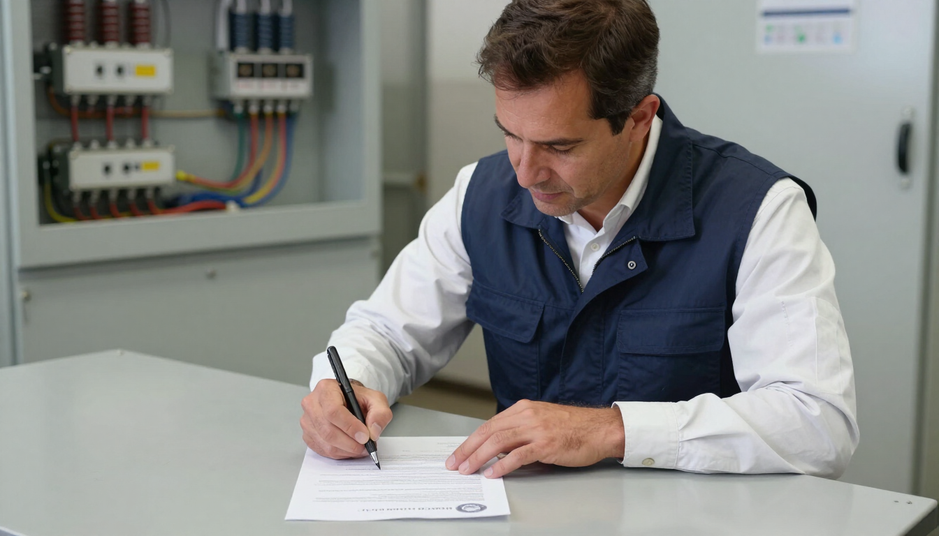 Hombre con chaleco azul firmando un documento en un escritorio de una oficina.