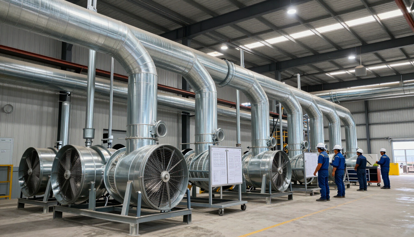 Taller industrial con grandes conductos de ventilación y ventiladores plateados