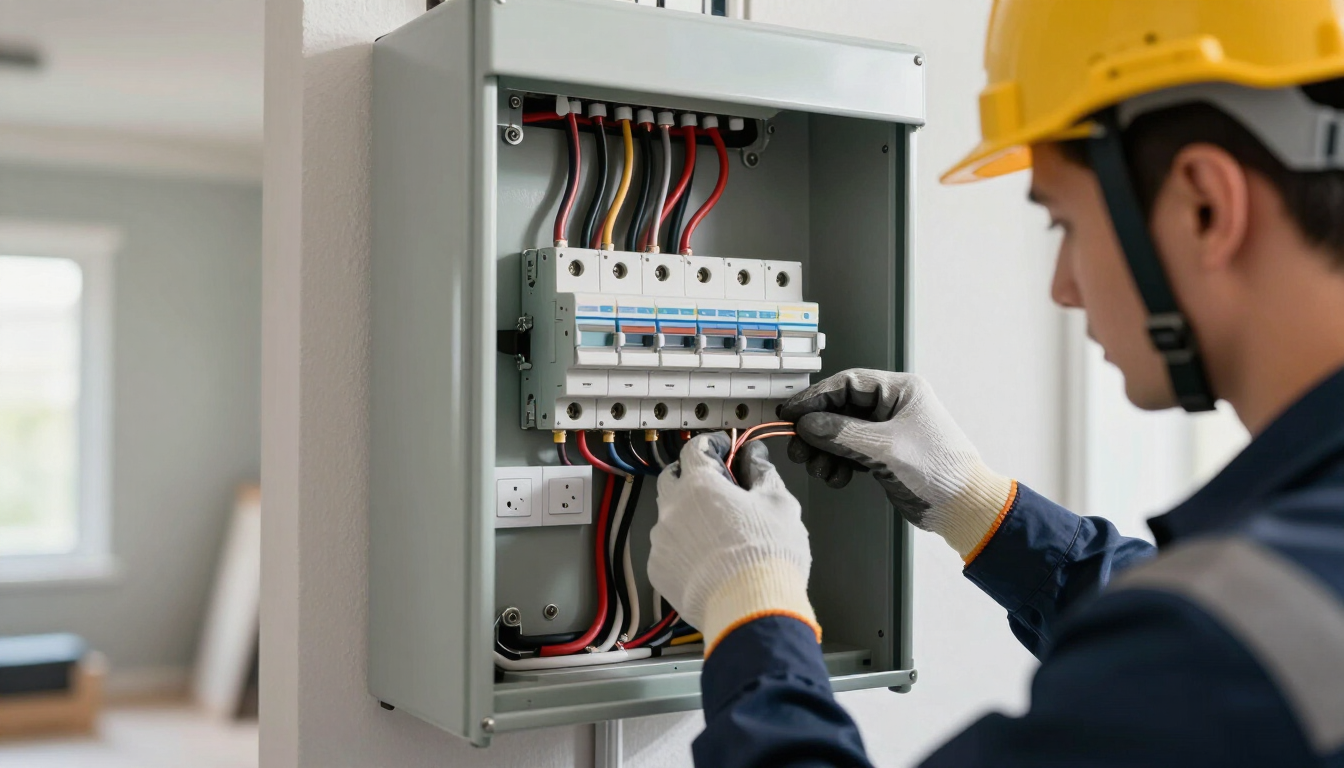 Un electricista con casco amarillo ajusta los interruptores automáticos en un panel eléctrico abierto.