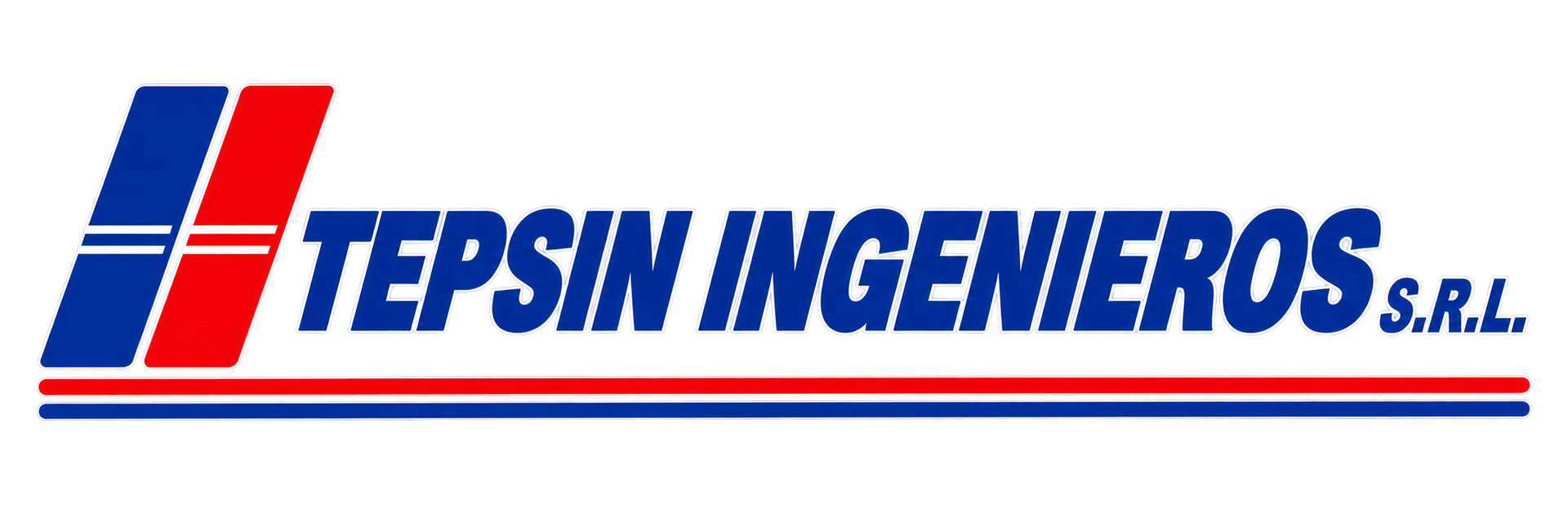 Logotipo de TEPSIN Ingenieros SRL con una marca geométrica roja y azul y texto azul en cursiva sobre fondo blanco.