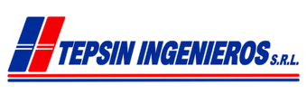 Logotipo de TEPSIN Ingenieros SRL con una marca geométrica roja y azul y texto azul en cursiva sobre fondo blanco.