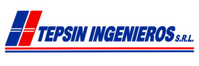 Logotipo de TEPSIN Ingenieros SRL con franjas estilizadas azules y rojas y texto azul en cursiva.