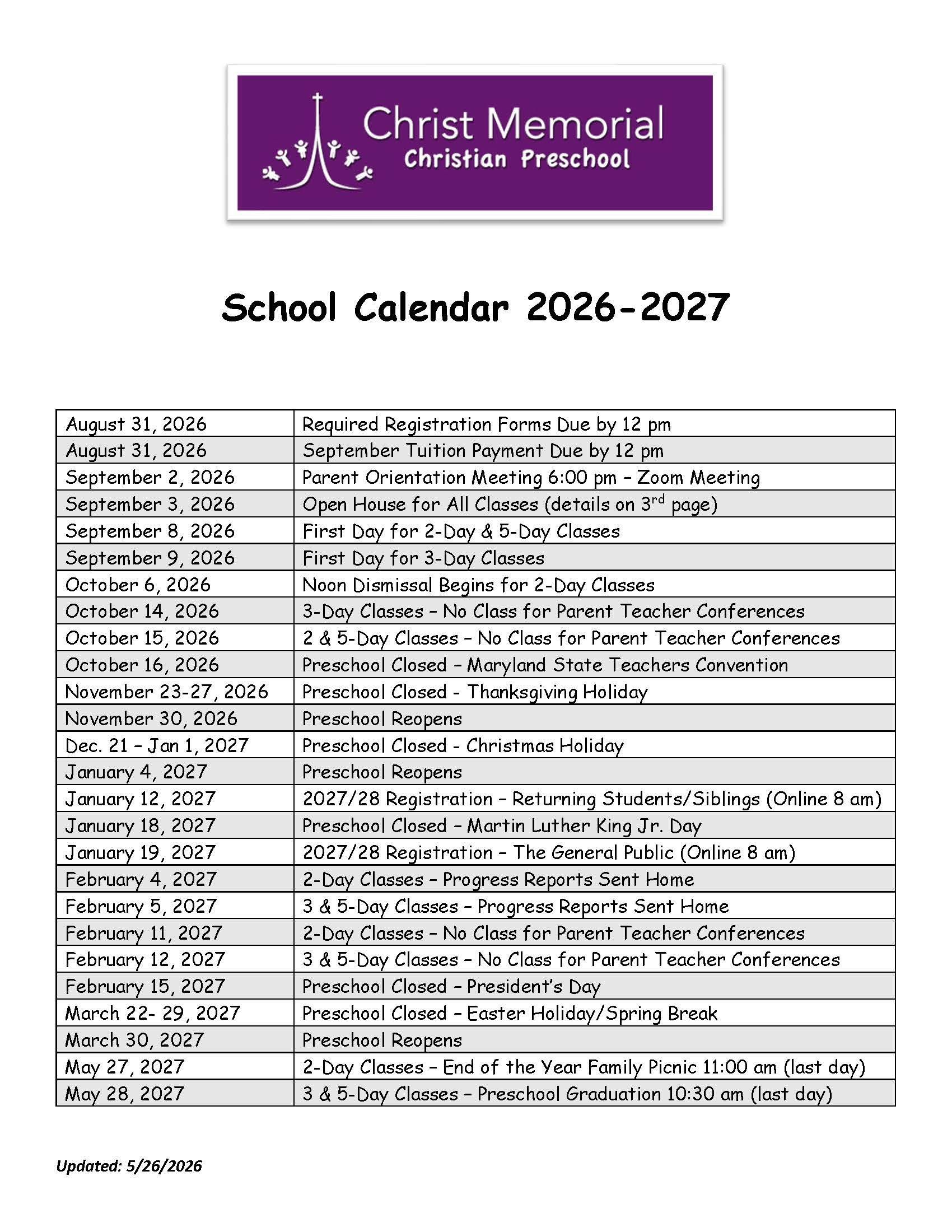 Preschool Calendar 2026-2027