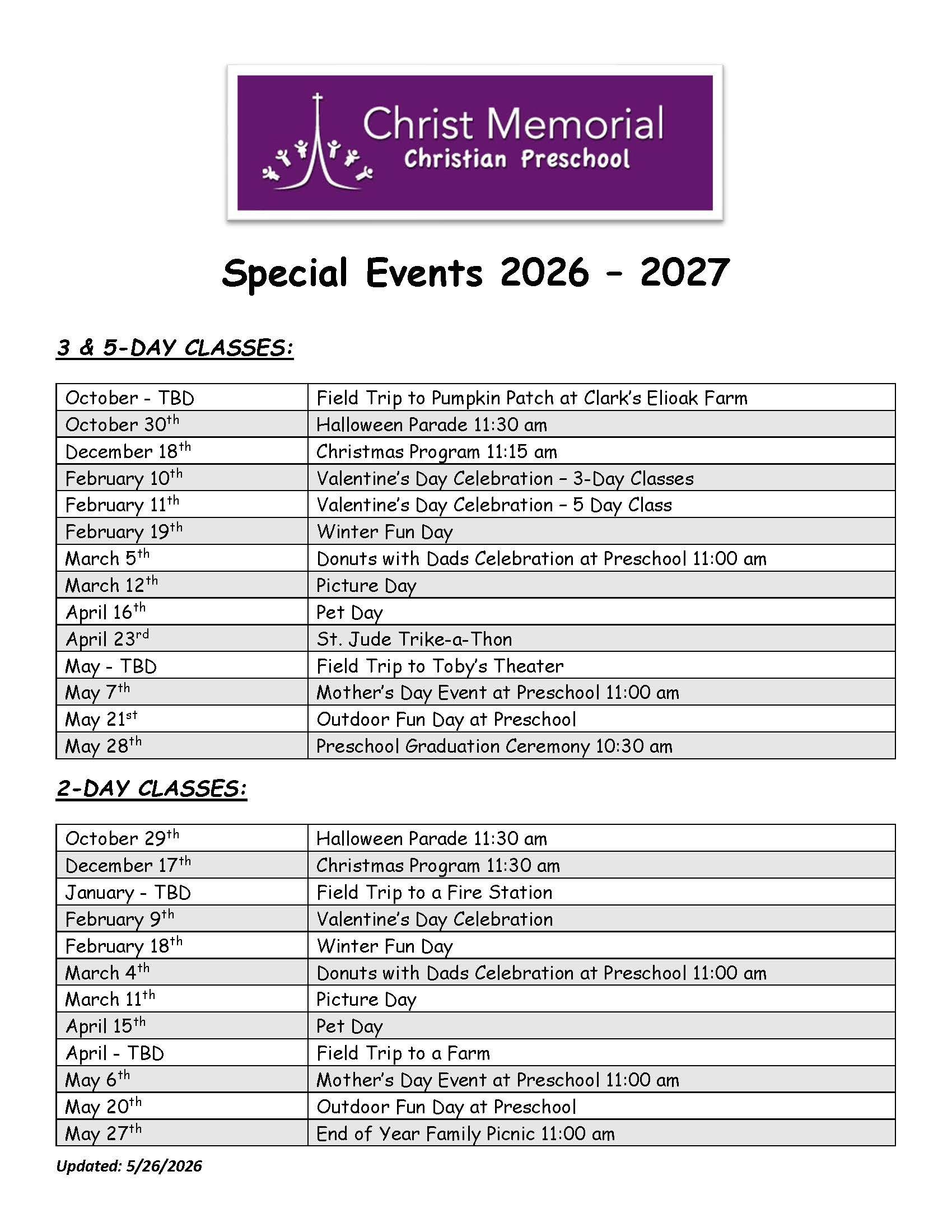 Special Events: 2026-2027