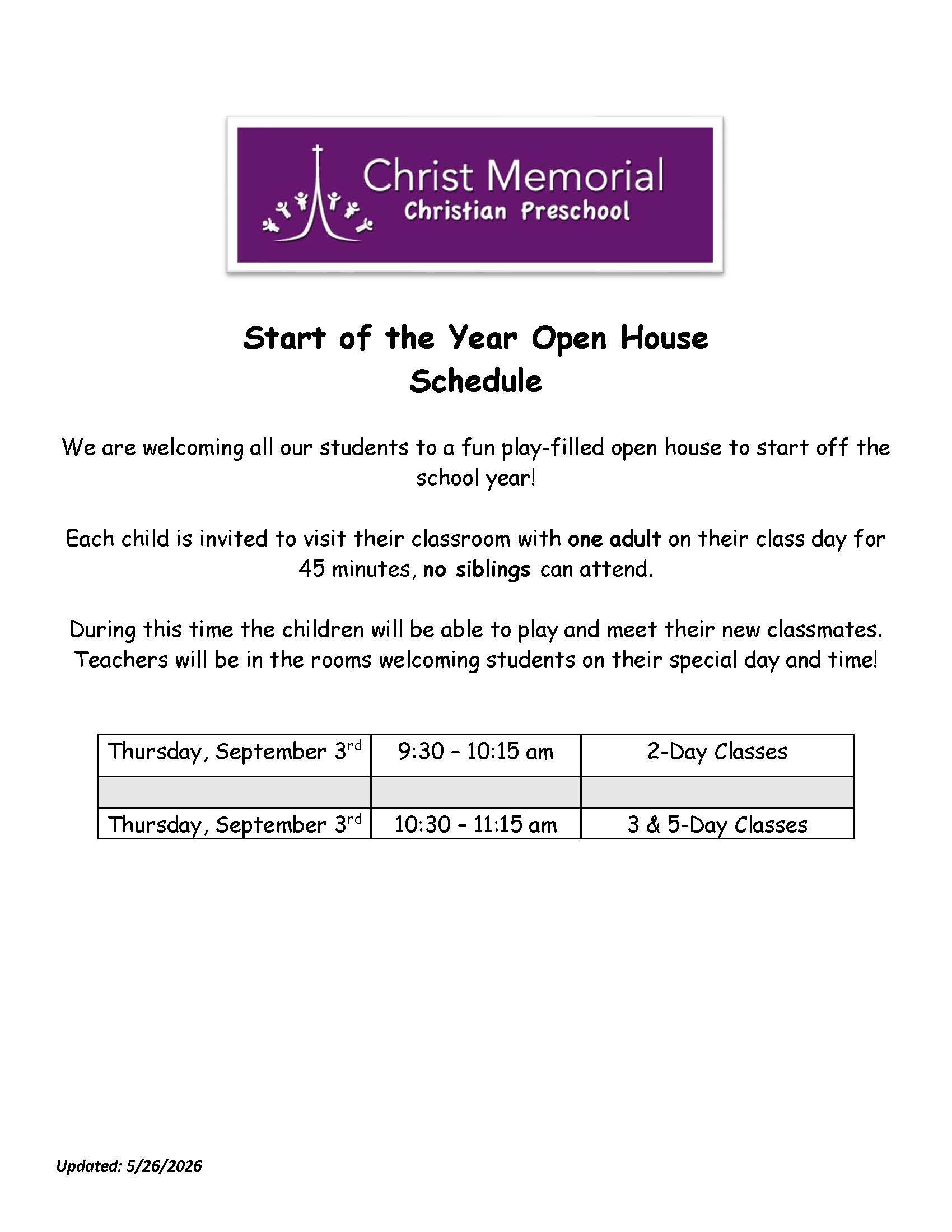 Preschool Open House Schedule