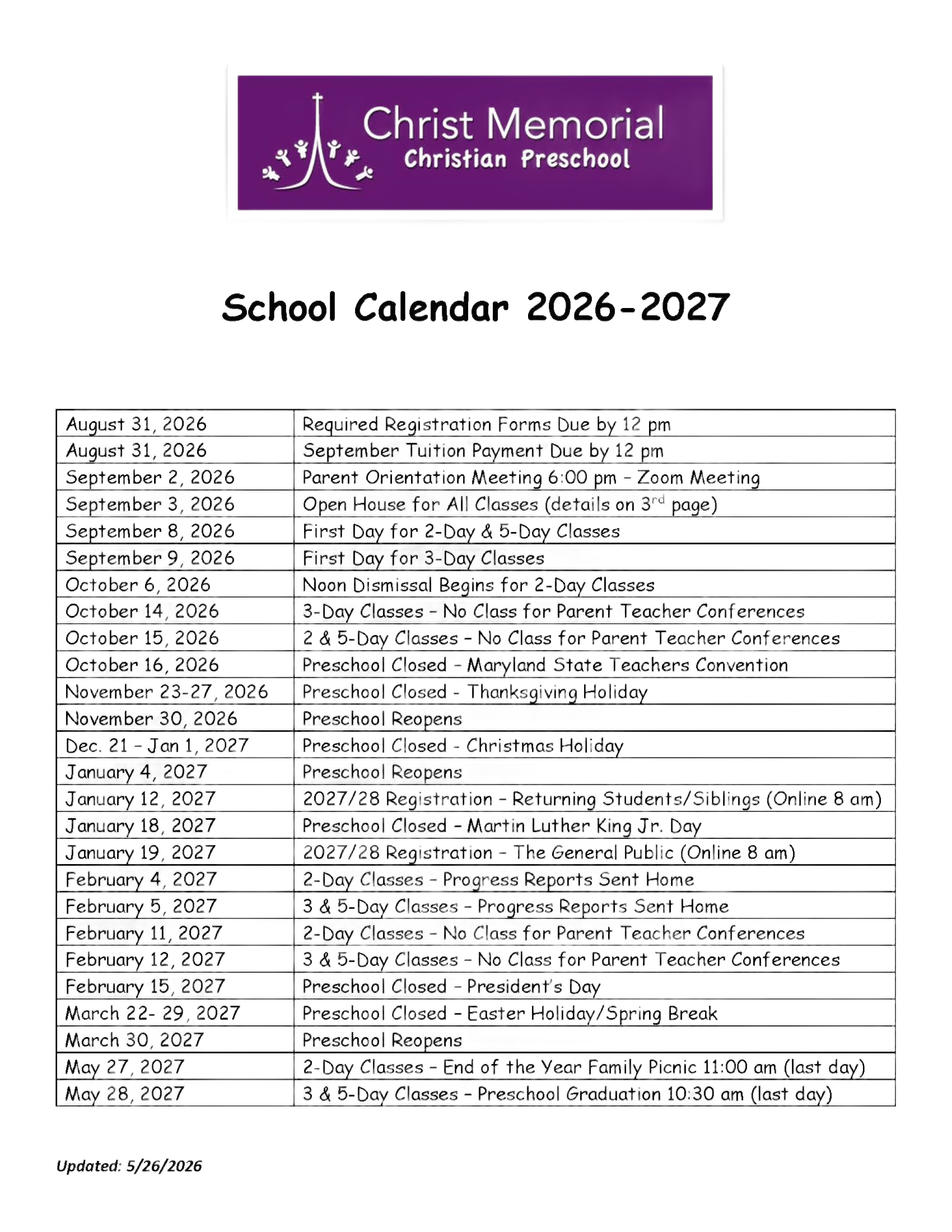 Preschool Calendar 2026-2027