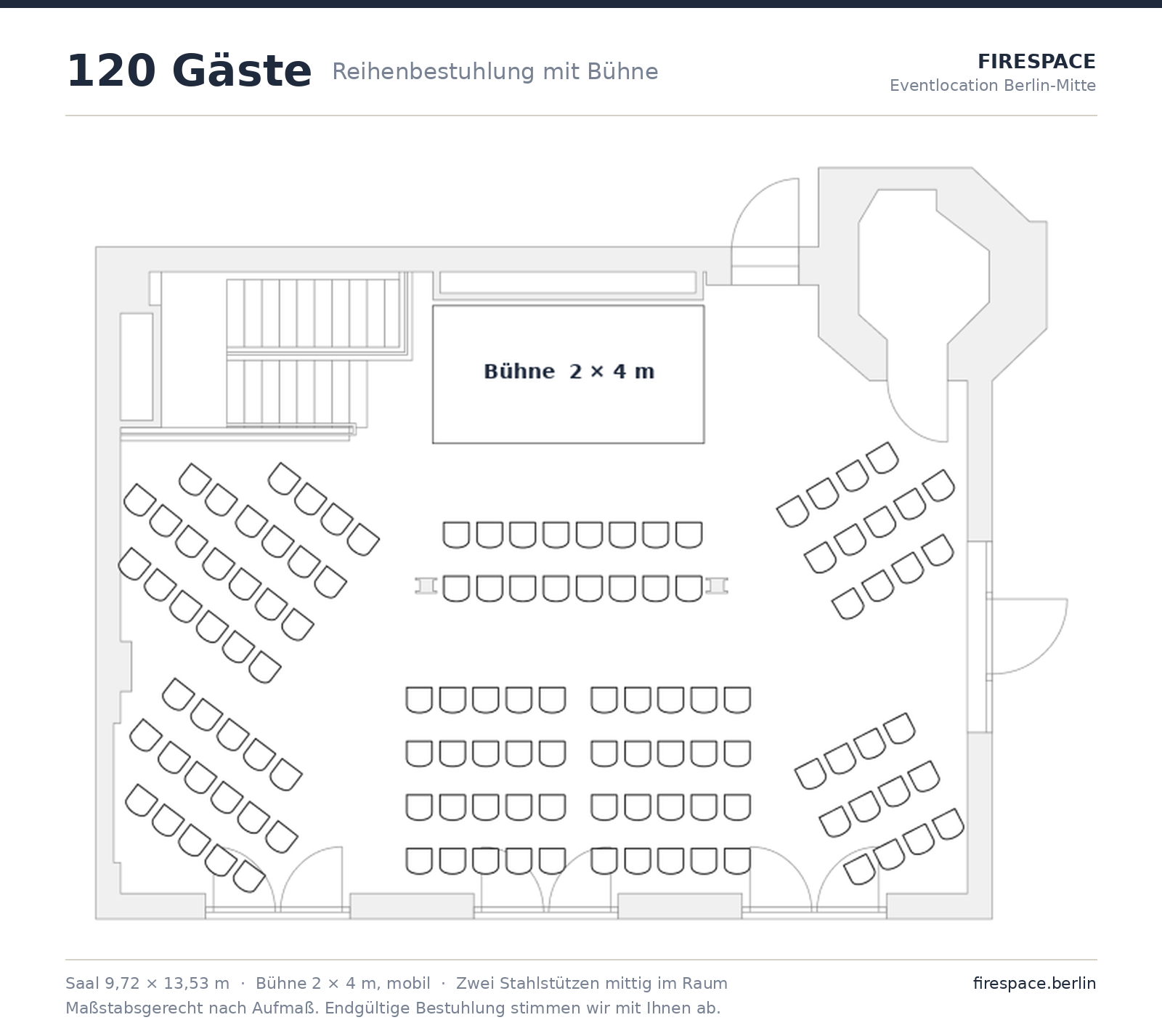 Grundriss Firespace: 120 Plätze in Reihenbestuhlung mit Bühne