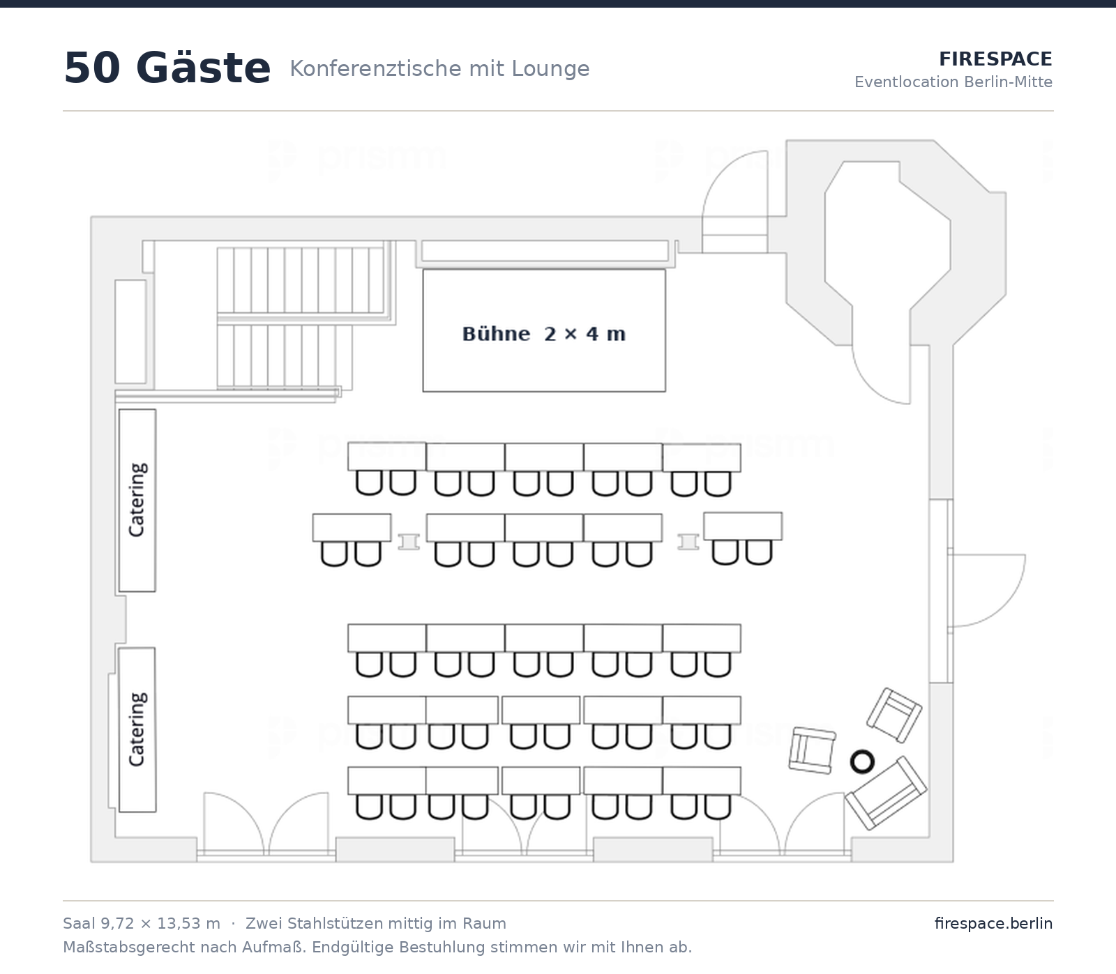 Grundriss Firespace: 50 Plätze an Konferenztischen mit Loungeecke
