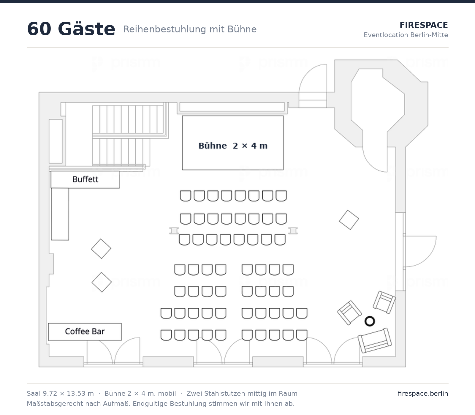 Grundriss Firespace: 60 Plätze in Reihenbestuhlung mit Bühne