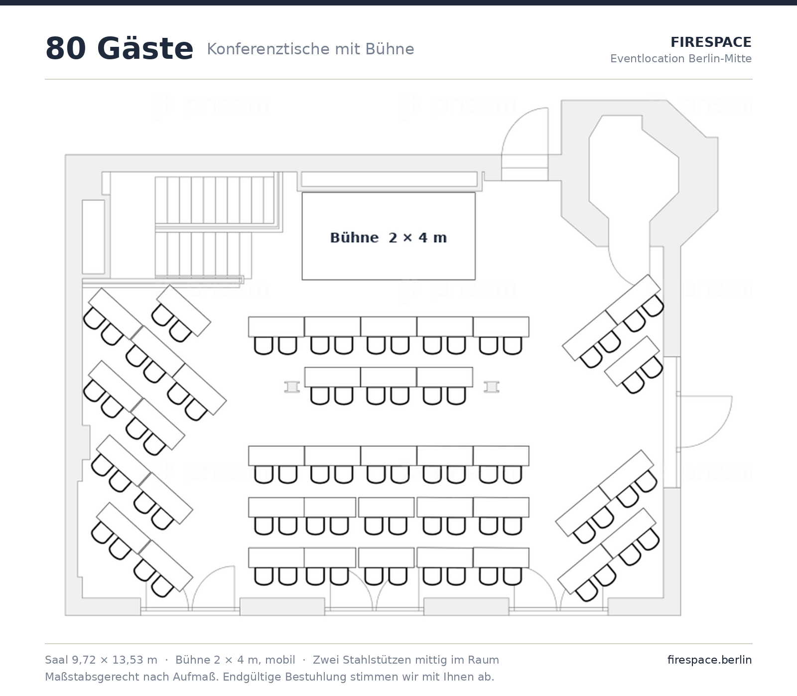Grundriss Firespace: 80 Plätze an Konferenztischen mit Bühne