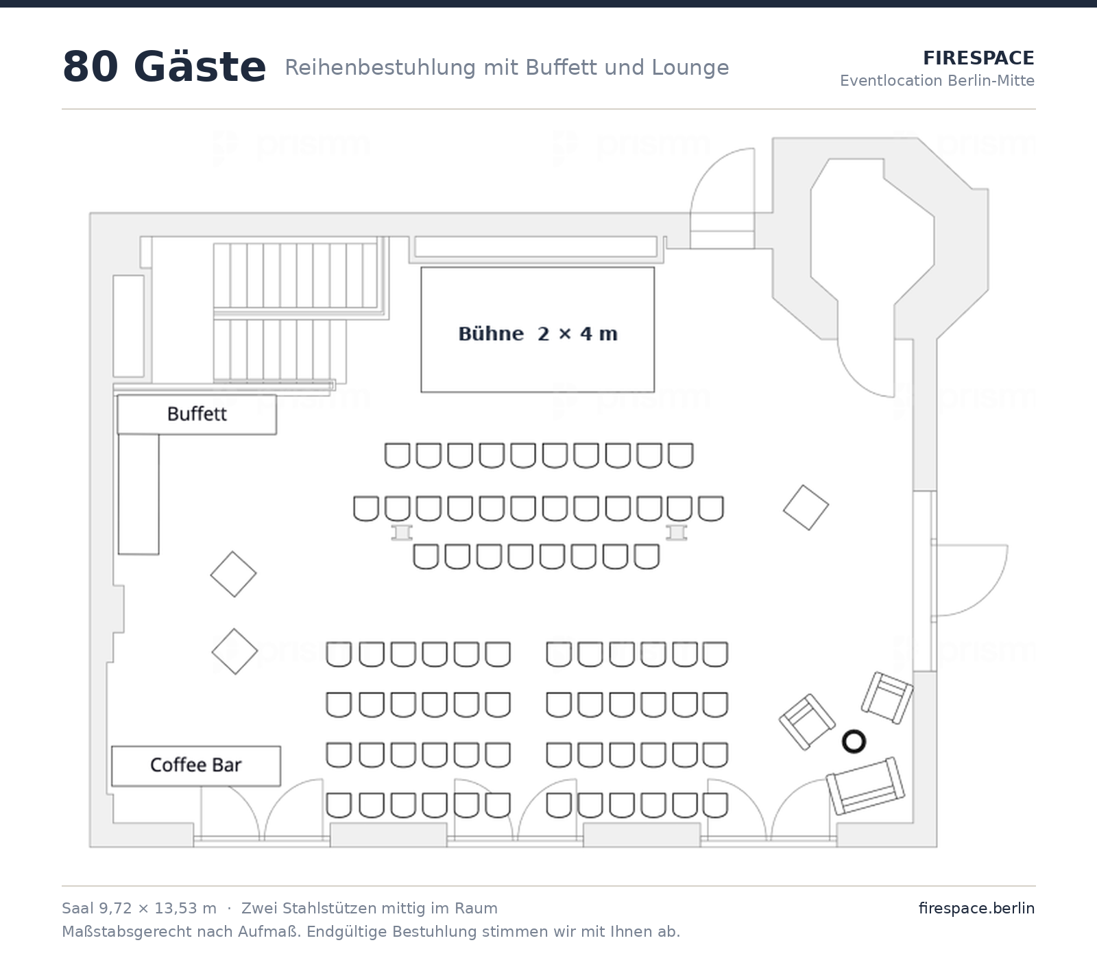 Grundriss Firespace: 80 Plätze in Reihen mit Buffett und Loungeecke