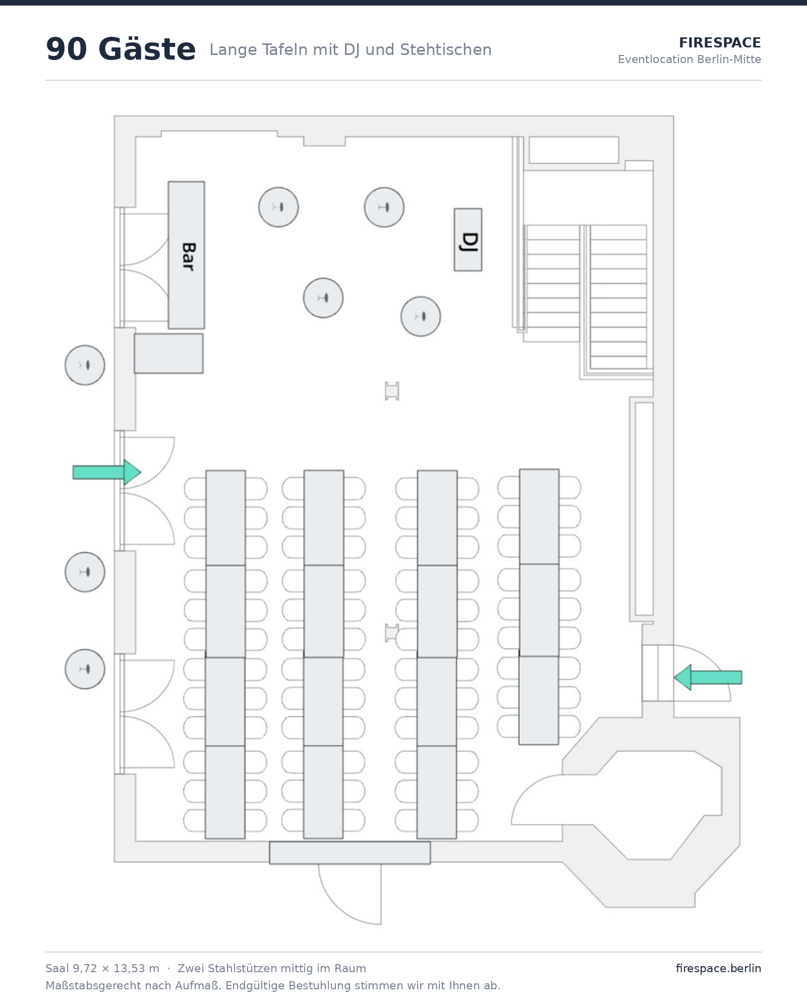 Grundriss Firespace: 90 Gäste an langen Tafeln