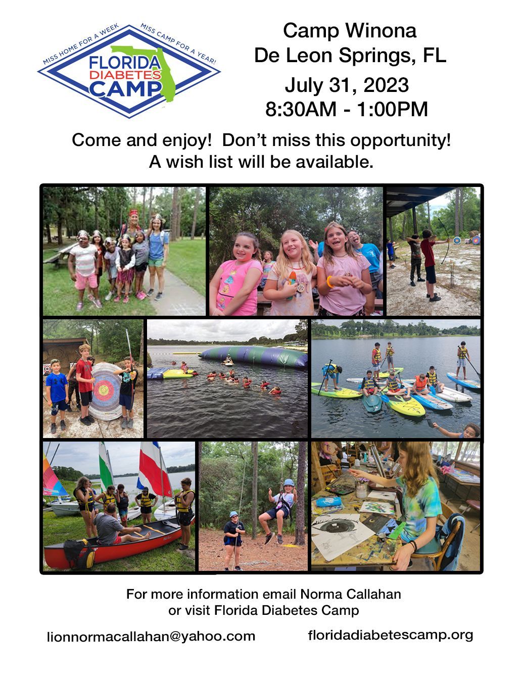 A flyer for camp winona in de leon springs , florida.