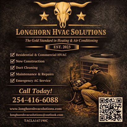 Longhorn HVAC Solutions ad with bull skull logo, service list, phone number, and technician beside AC unit