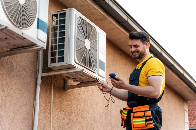 Electrician working on electrical panel, wearing a hat and overalls.