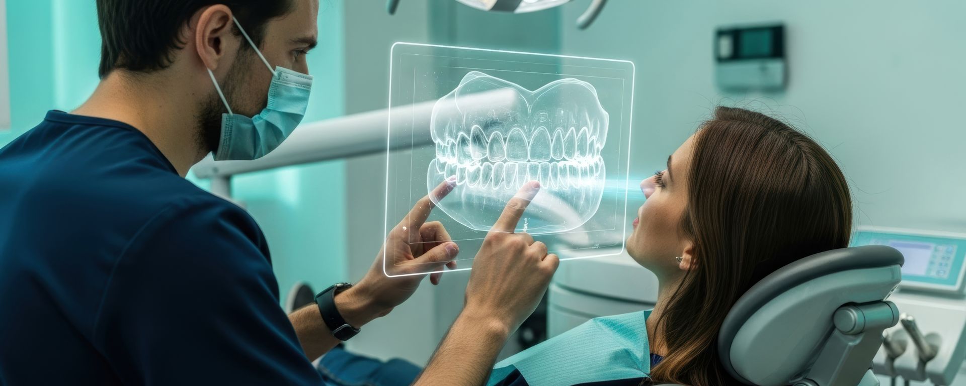 A dentist and patient view a 3D dental X-ray hologram in a modern office.