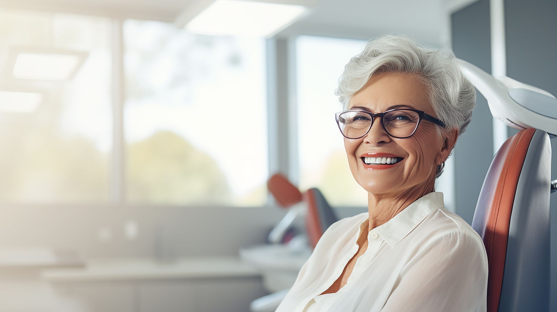 Cheerful mature woman wearing glasses and smiling while sitting in a dental chair. Cheerful mature woman wearing glasses and smiling while sitting in a dental chair.