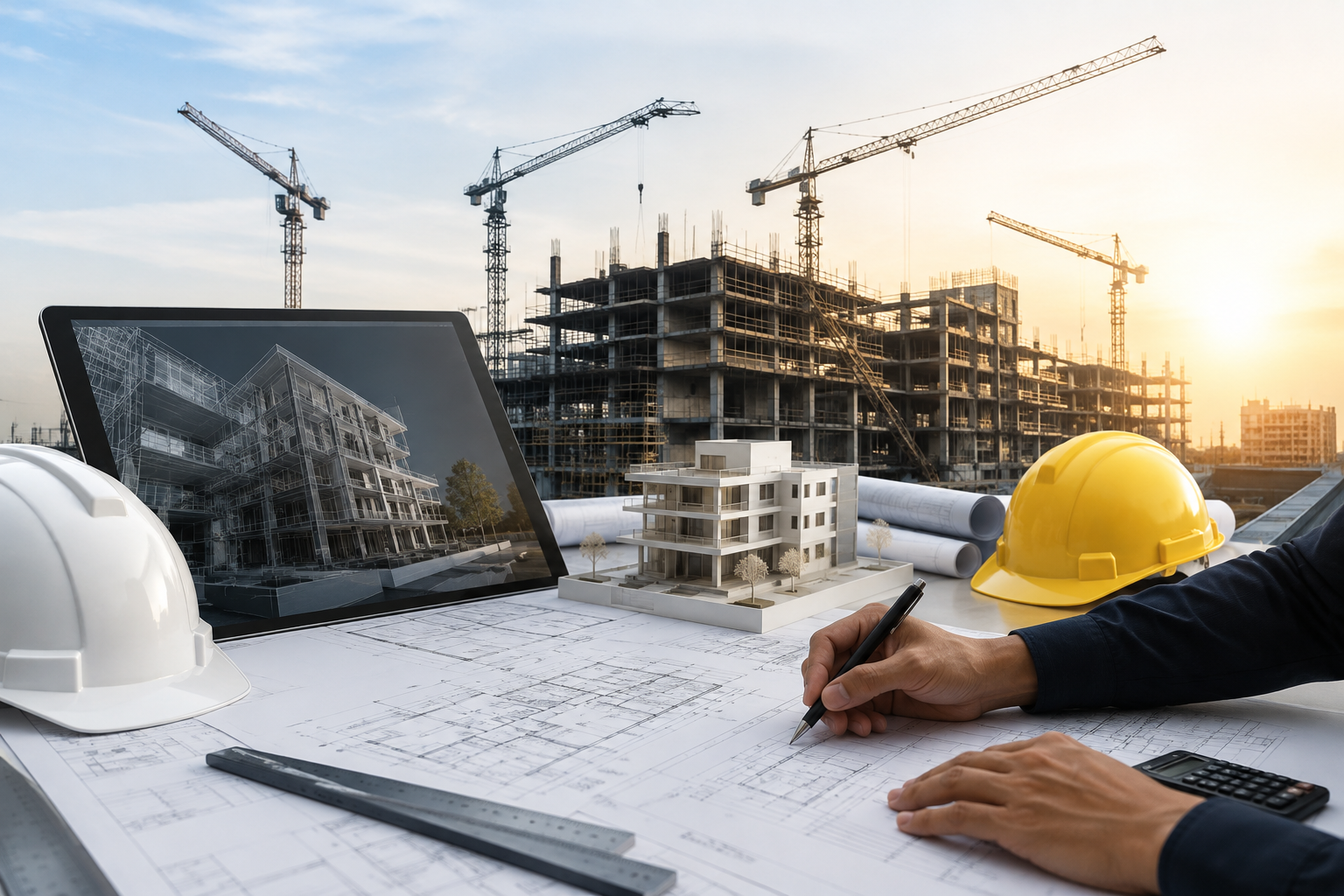 Construction site with cranes, building frame, blueprint, laptop, and workers' hard hats in the foreground