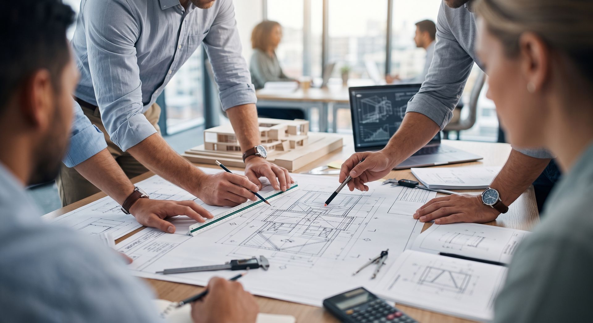 Team of people reviewing architectural blueprints around a conference table in a bright office