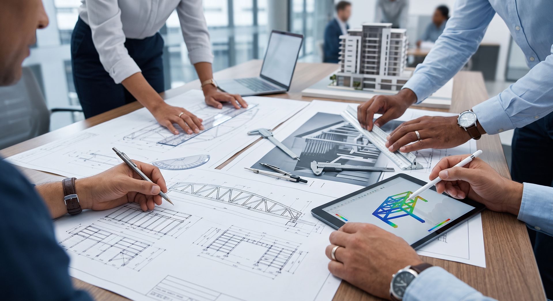 Team of professionals reviewing architectural blueprints around a conference table with laptop and tablet
