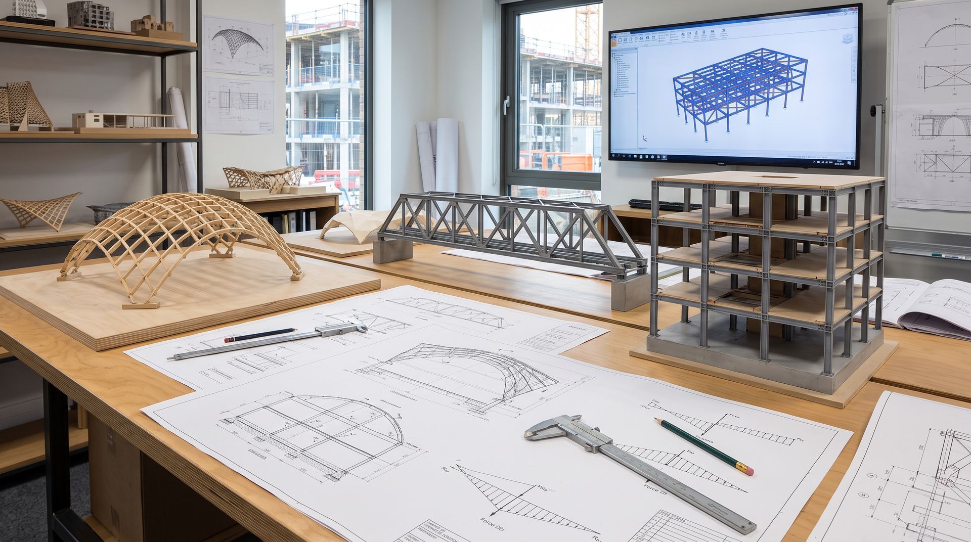 Architectural studio desk with bridge models, blueprints, and a monitor showing a 3D structure