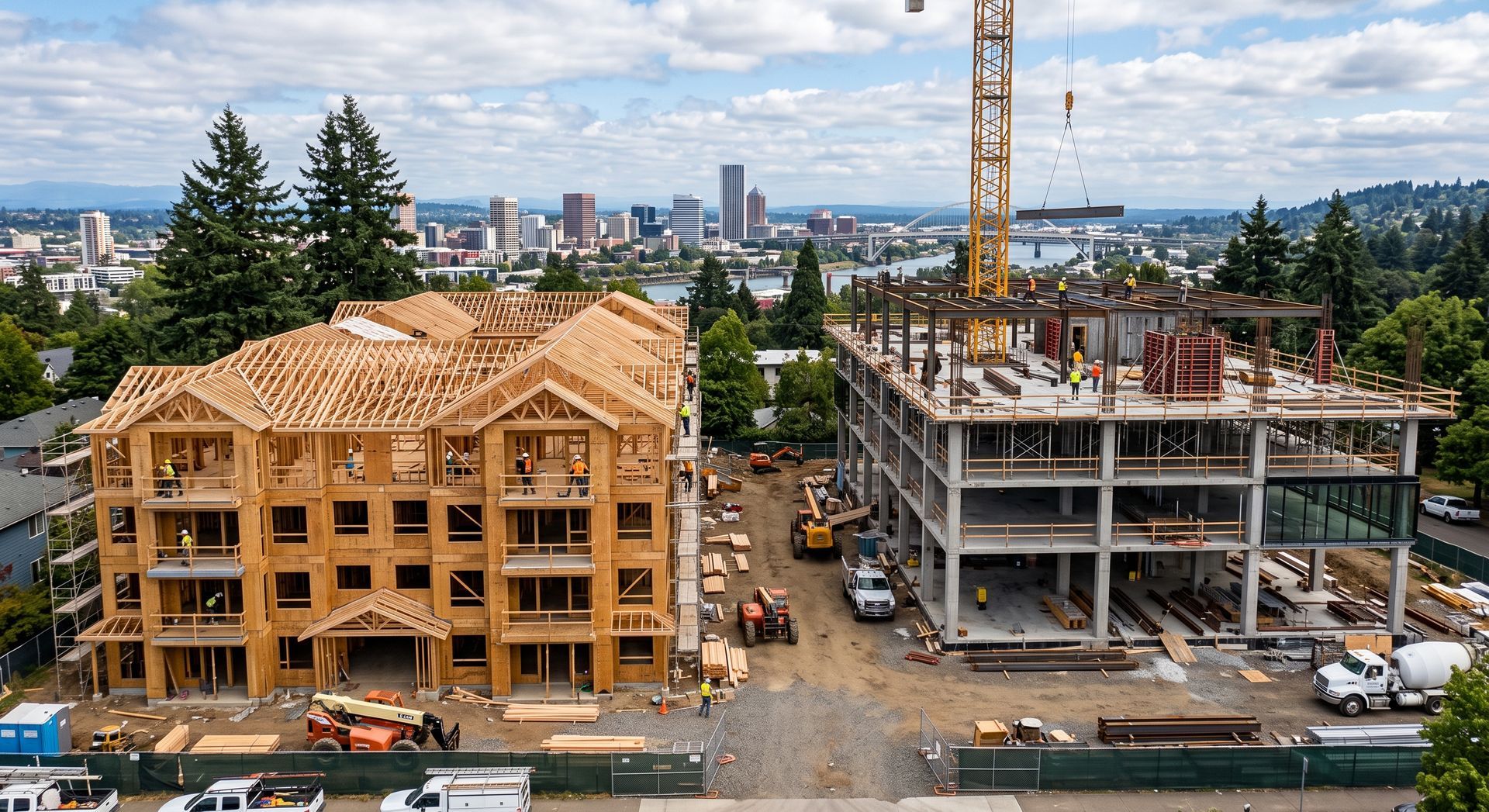 Construction site with two large building frames and a crane, one wood-framed and one steel-framed, under a cloudy sky
