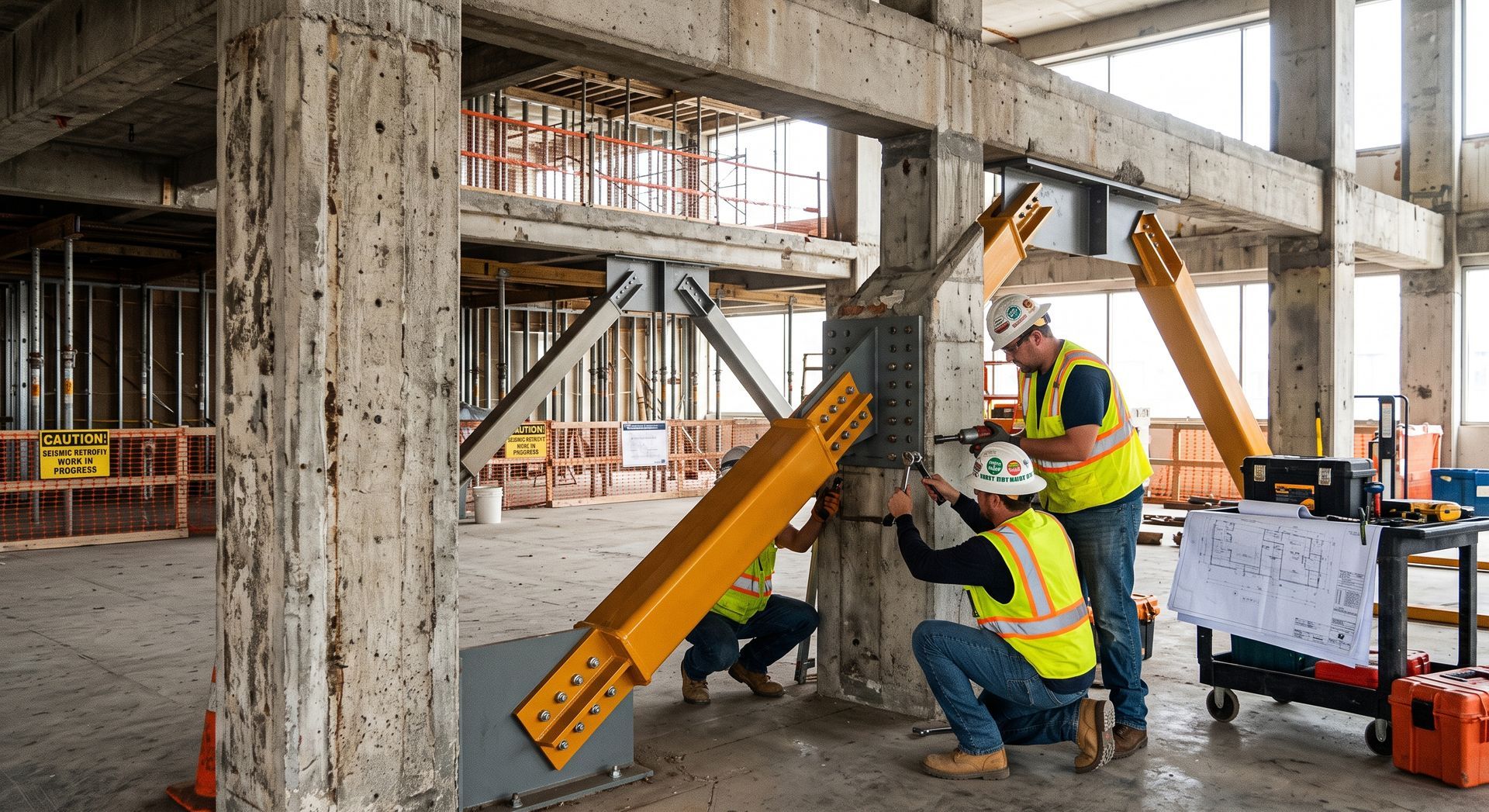 Construction workers in high-visibility vests inspect a leaning concrete column inside a building site.