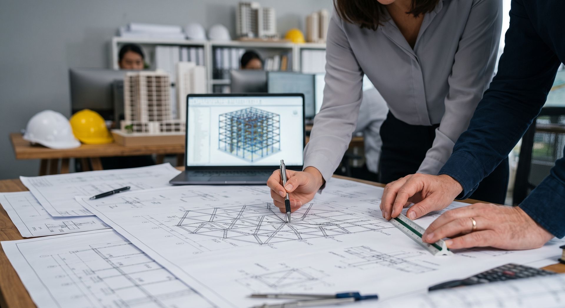 Two people reviewing architectural blueprints on a desk with a laptop displaying a 3D building model.