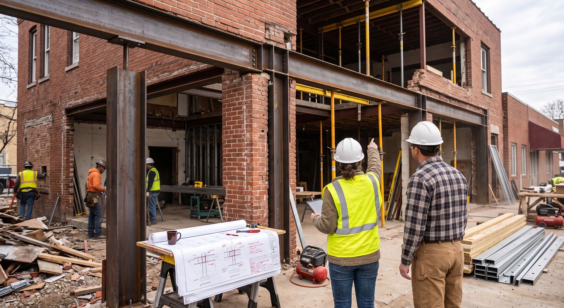 Construction workers at a brick building site with scaffolding and materials scattered around