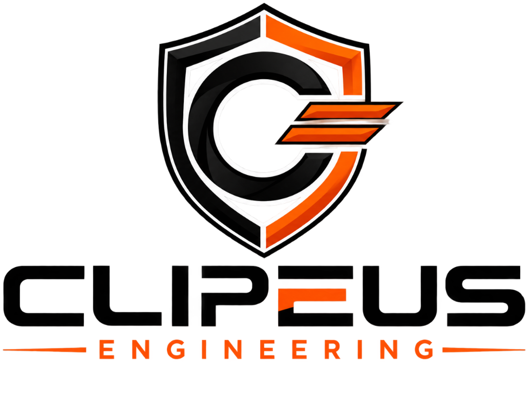 CLIP-ES engineering logo in black, orange, and white with stylized shield and “CLIP-ES ENGINEERING” text