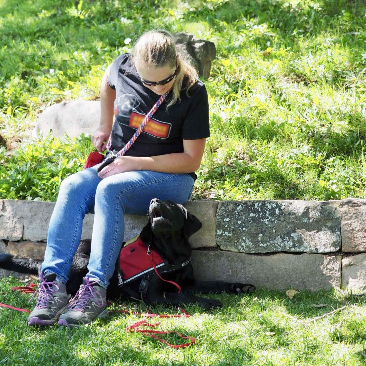 Woman with sunglasses sits, petting black dog wearing a service vest, on a stone wall. Grass background.