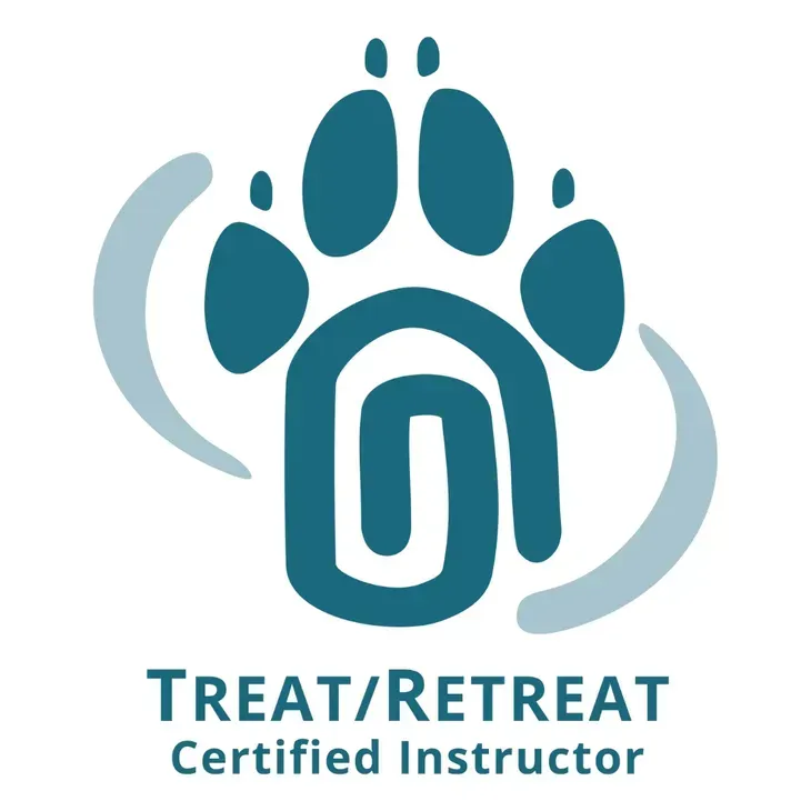 Blue paw print logo with swirl and 