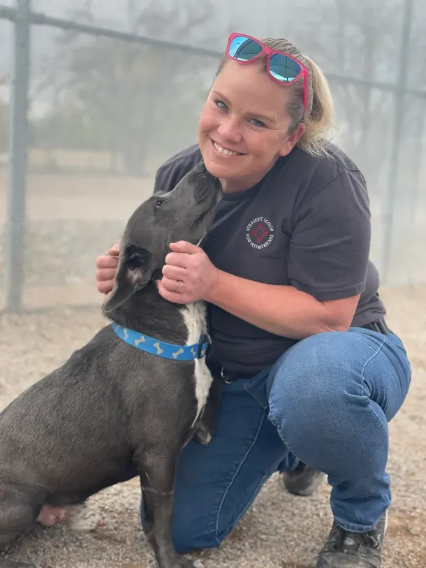 Woman in sunglasses kneels, embracing a gray dog at a park. Dog is licking her face.
