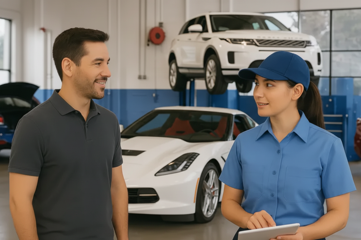 Man and auto mechanic in blue uniform with tablet, discuss car repairs in a shop.