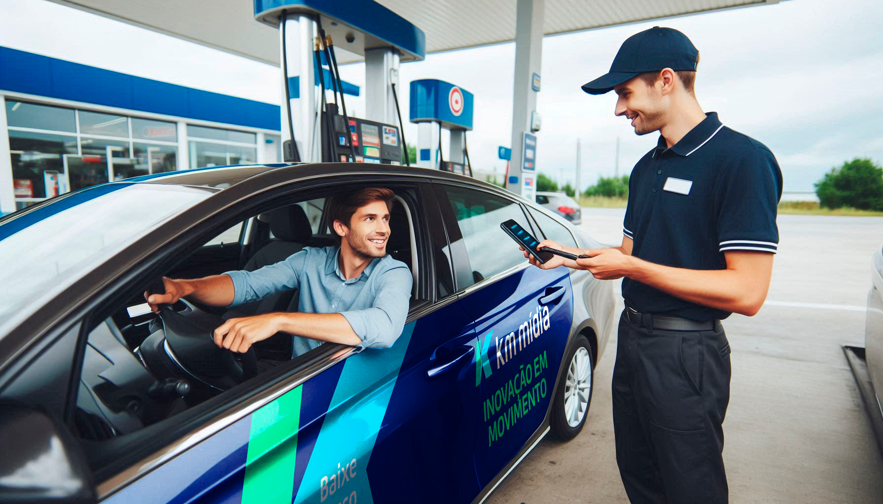 Um homem está sentado em um carro conversando com um funcionário de um posto de gasolina.